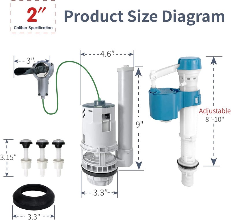 Vootenec Toilet Tank Replacement Kit for Lever-Handle Toilets - Includes Water-Saving 2-Inch Dual Flush Valve Replacement with Integrated Handle & Adjustable Fill Valve - Image 3